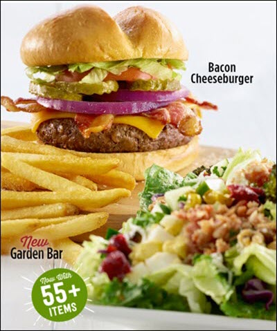 Picture of a bacon cheeseburger and a salad assembled from the Ruby Tuesday 55+ item salad bar.