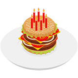 An artist's drawing of a festive birthday burger with lettuce, tomatoes, cheese and onions on
              a sesame seed bun.
