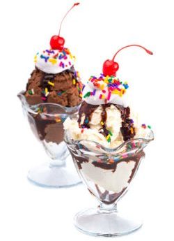 Two Happy Ending Sundaes. One has a scoop of vanilla ice cream, the other is chocolate. Both have chocolate syrup, whipped cream, sprinkles and a cherry on top.