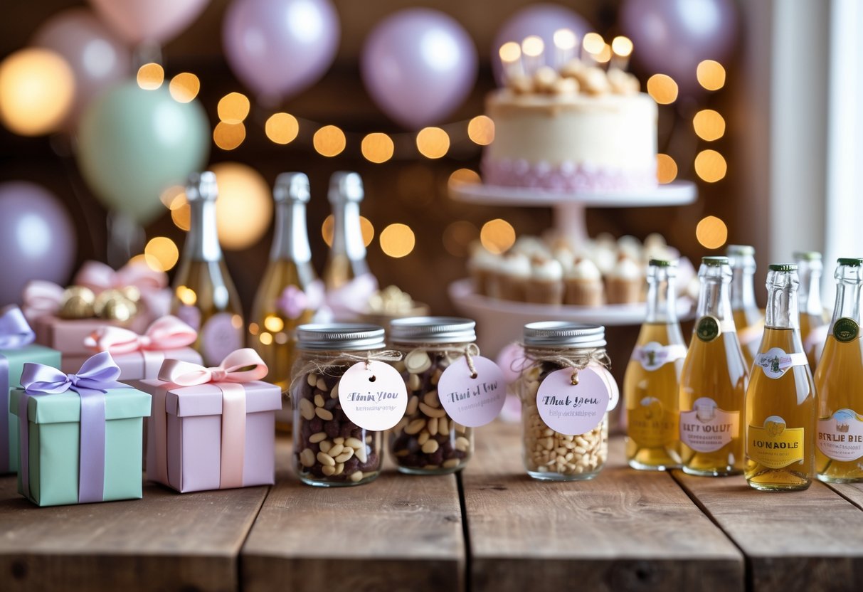 A table with various adult birthday party favors including wrapped gift boxes, jars of candies, mini beverage bottles, and festive decorations in the background.
