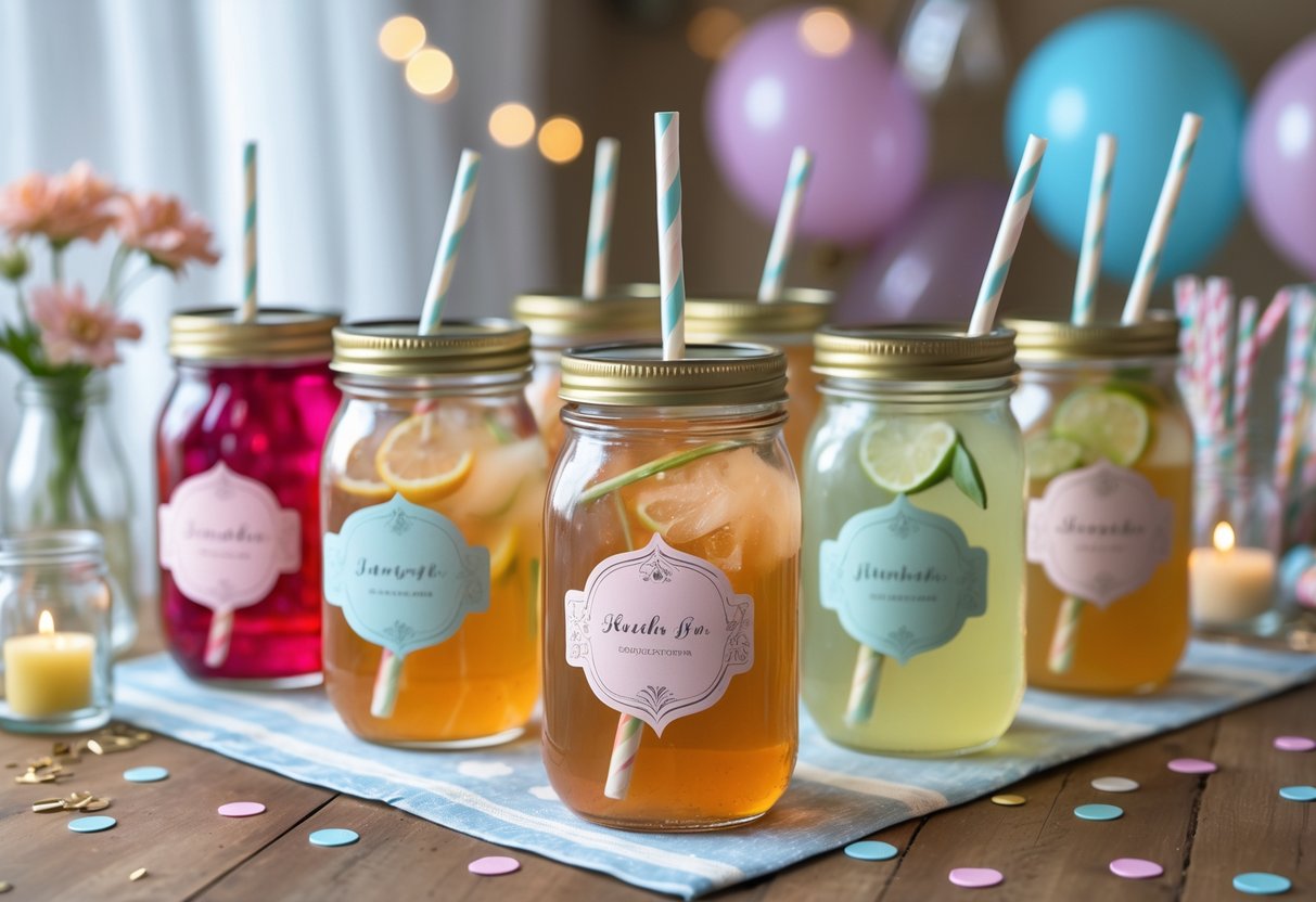 A table displaying personalized mason jars with custom labels and colorful drinks, surrounded by birthday party decorations.