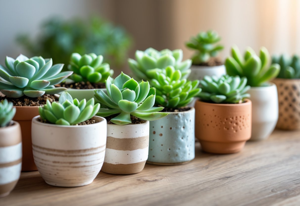 Mini succulent plants in decorative pots arranged as birthday party favors on a wooden table.