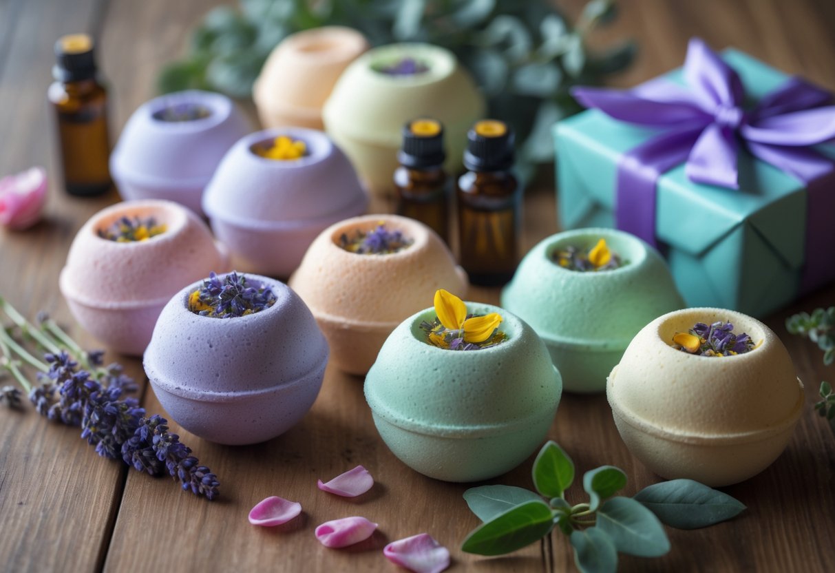A collection of colorful bath bombs with essential oils and floral garnishes arranged on a wooden table, alongside small bottles of essential oils and a wrapped gift box.