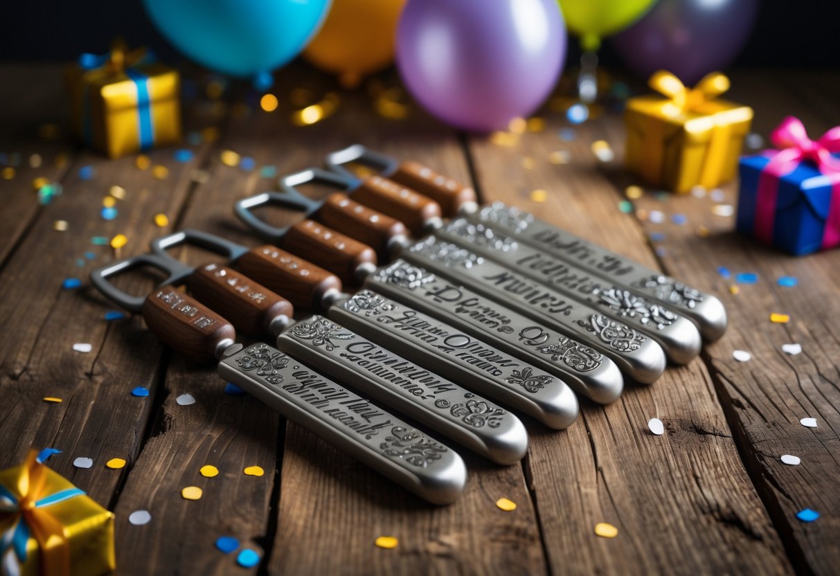A collection of custom engraved bottle openers arranged on a wooden table with birthday party decorations in the background.