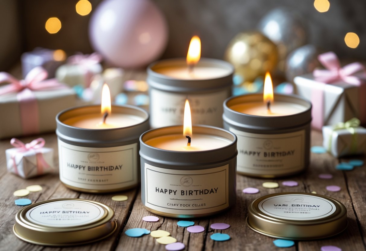 A group of lit scented soy candles in vintage tins arranged on a wooden table with birthday party decorations around them.