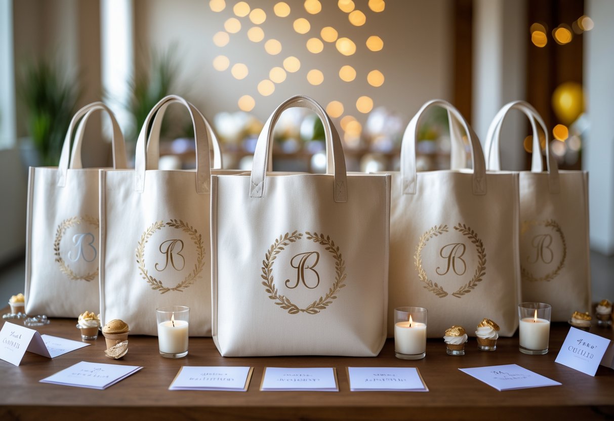 A table displaying elegant monogrammed tote bags with small party favors arranged around them at an adult birthday party.