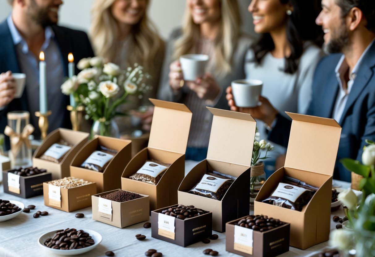 A birthday party table with artisan coffee sampler packs as party favors, surrounded by guests enjoying coffee and celebrating.